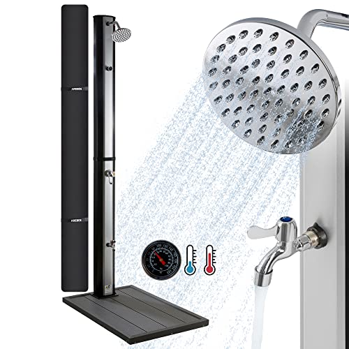 Arebos Solardusche 35L & Bodenelement Anthrazit | inklusive Abdeckhaube | mit integriertem Thermometer & Fußdusche |...
